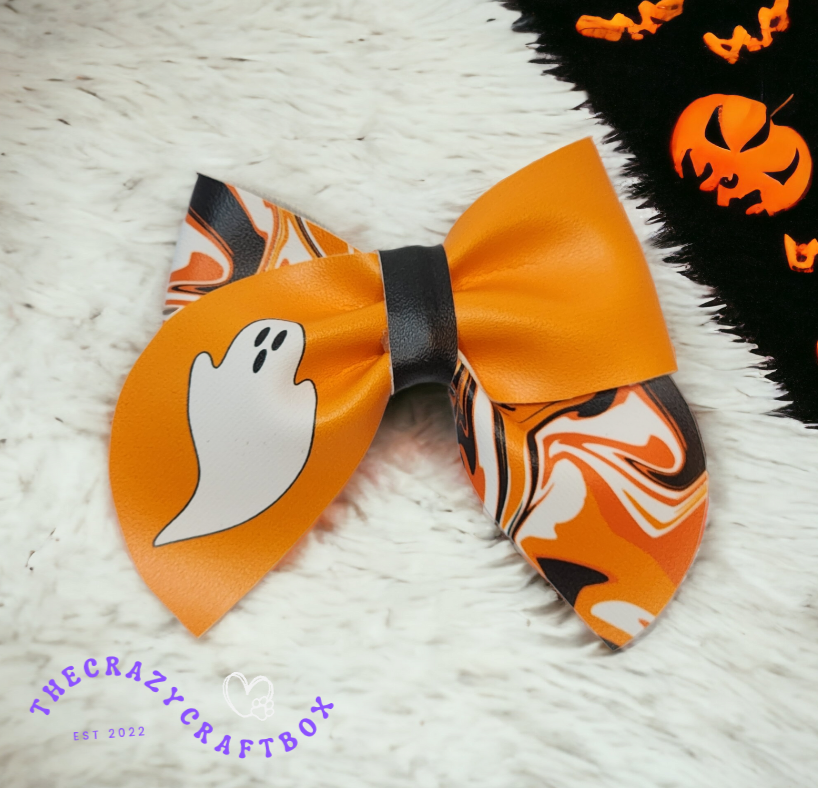 🎃 Spooky Ghost Hair Bow – Halloween Faux Leather Bow