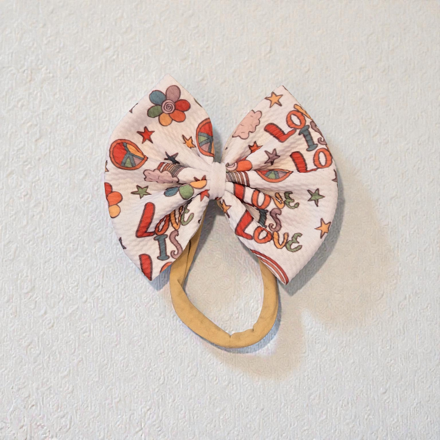 Groovy Love Bullet Fabric Hair Bow Set | Retro Rainbow Peace Sign Bows | Baby Headwrap, Nylon Headband & Piggies