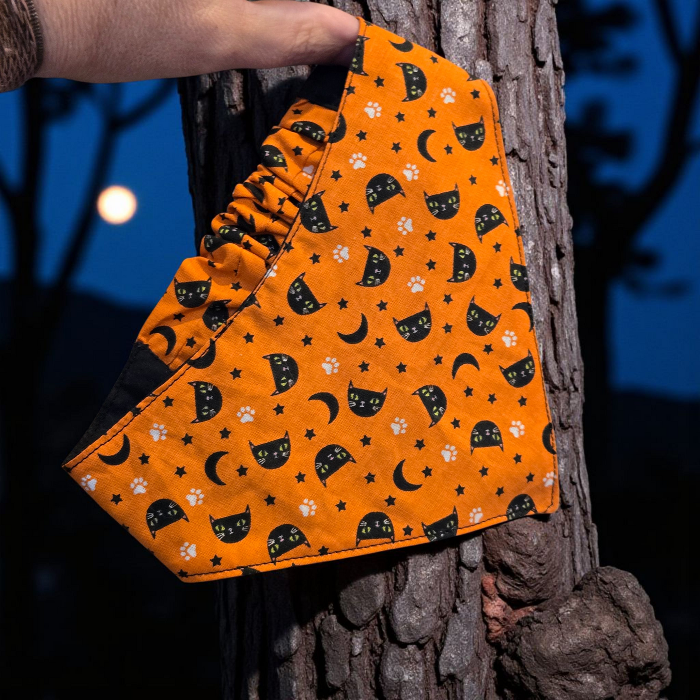 Halloween Cat Print Pet Bandana – Orange Scrunchie Back Dog & Cat Bandana | Fall & Halloween Pet Accessories