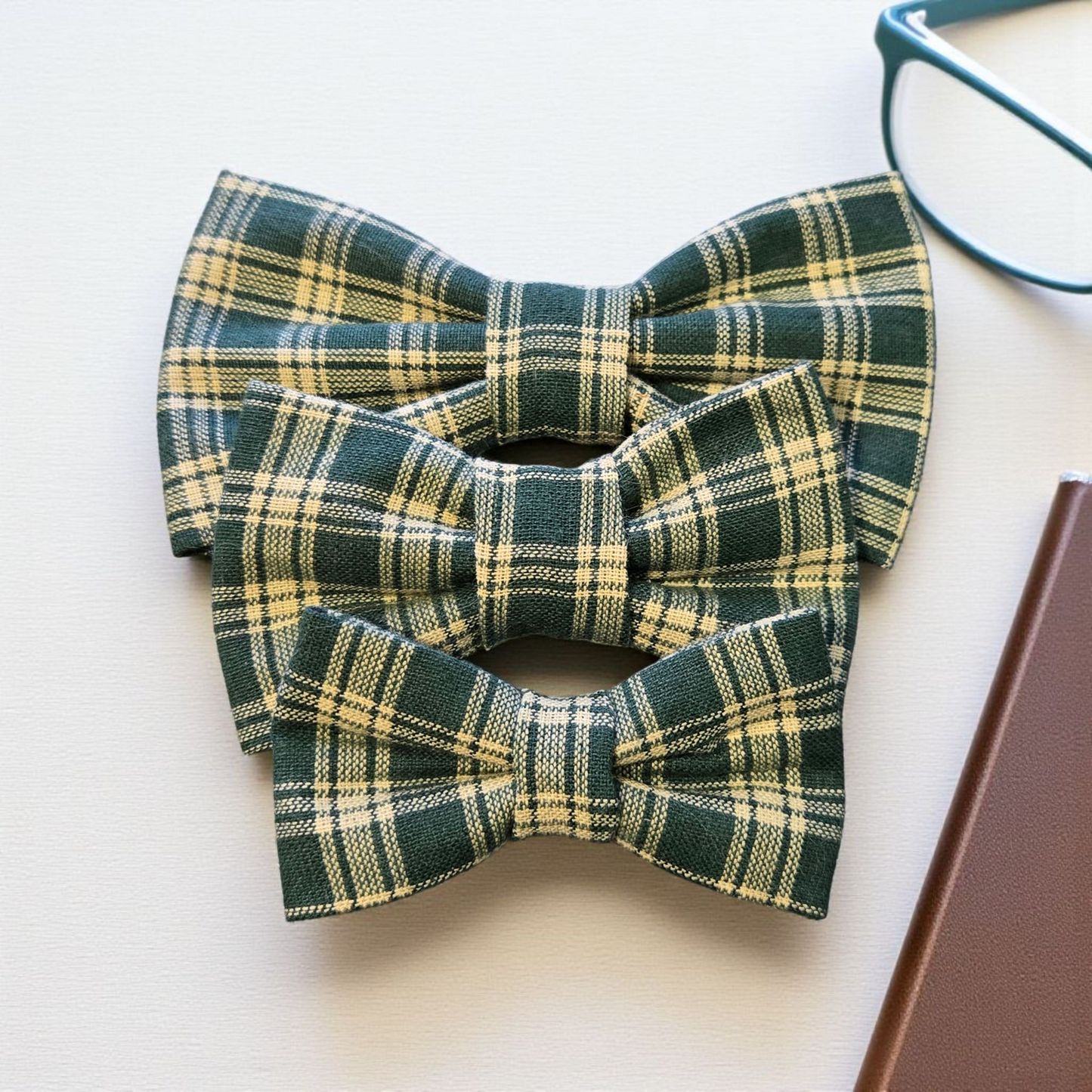 Green Plaid Dog Bow Tie Collar Accessory | Handmade Pet Outfit for Dogs & Cats