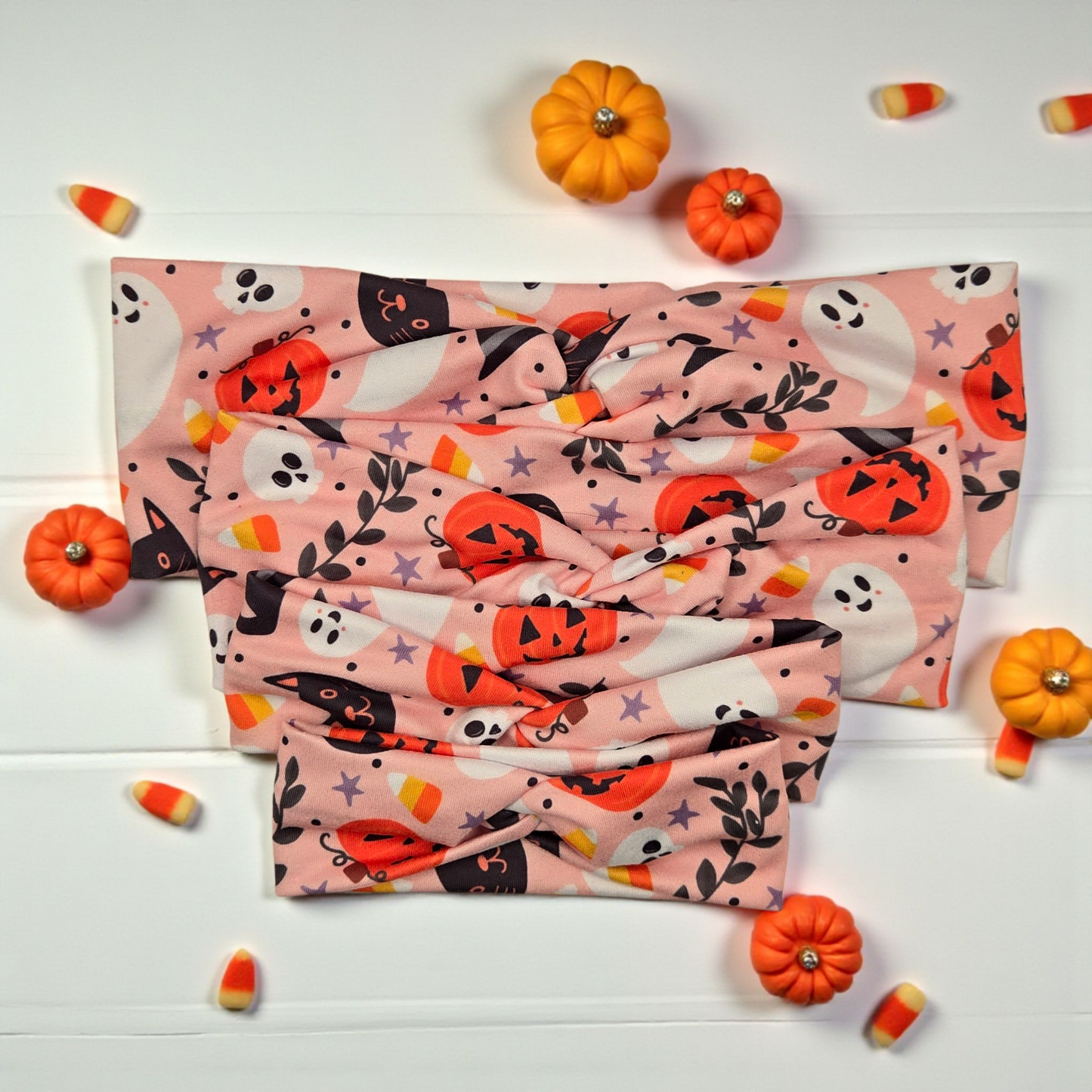 🎃 Halloween Ghost, Pumpkin, & Hat Twist Knot Headband – Fall Hair Accessory