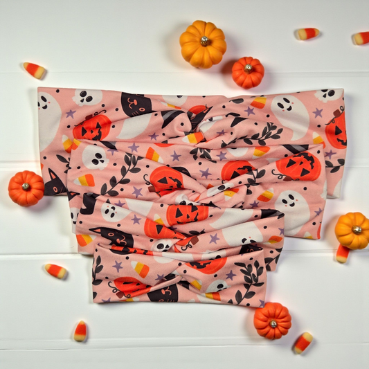 🎃 Halloween Ghost, Pumpkin, & Hat Twist Knot Headband – Fall Hair Accessory