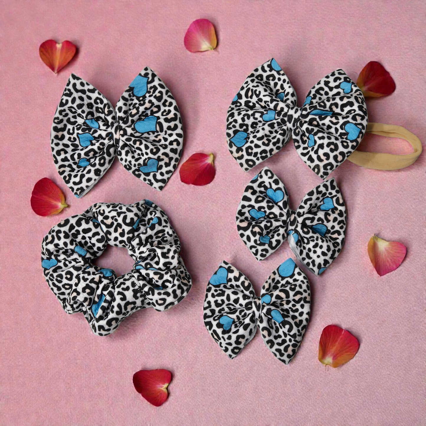 Leopard Blue Heart Hair Bow Set | Valentine Bow & Scrunchie Set for Babies, Toddlers & Girls