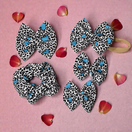 Leopard Blue Heart Hair Bow Set | Valentine Bow & Scrunchie Set for Babies, Toddlers & Girls