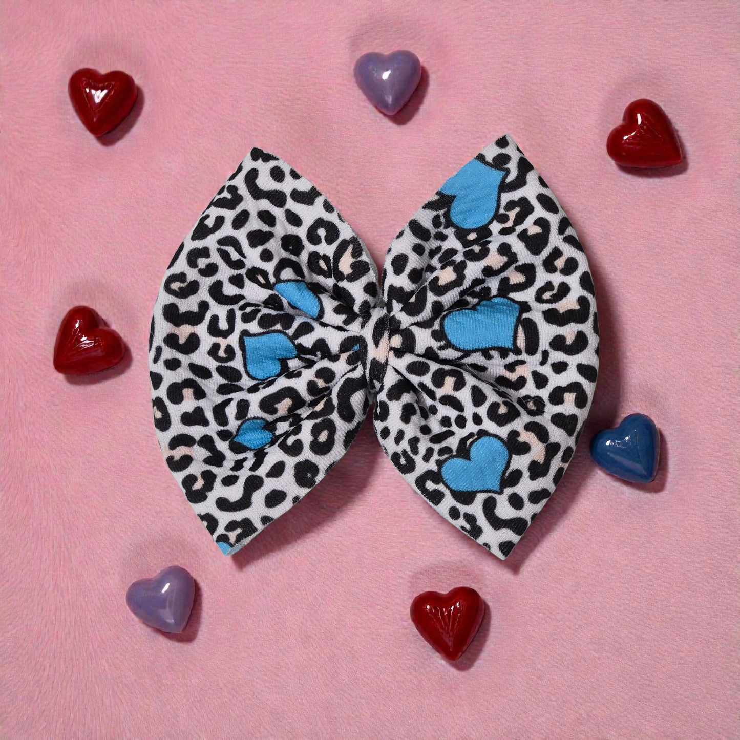 Leopard Blue Heart Hair Bow Set | Valentine Bow & Scrunchie Set for Babies, Toddlers & Girls