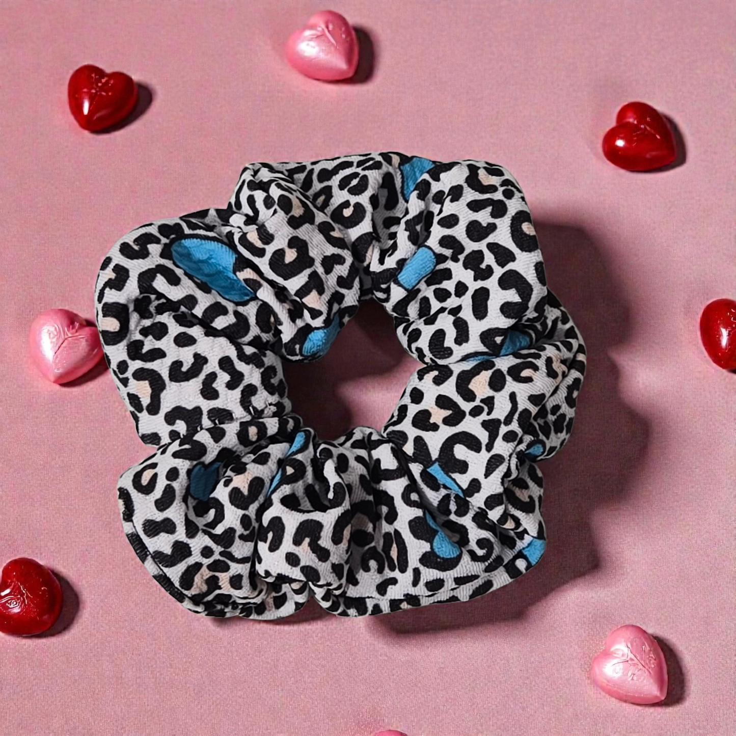 Leopard Blue Heart Hair Bow Set | Valentine Bow & Scrunchie Set for Babies, Toddlers & Girls