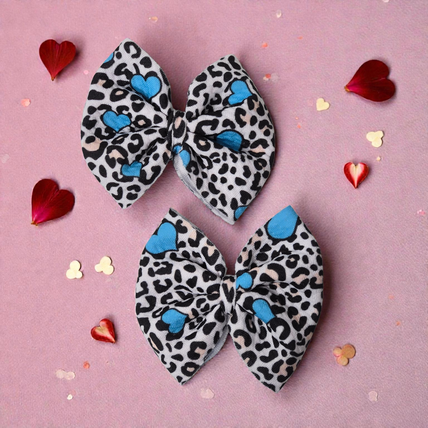 Leopard Blue Heart Hair Bow Set | Valentine Bow & Scrunchie Set for Babies, Toddlers & Girls