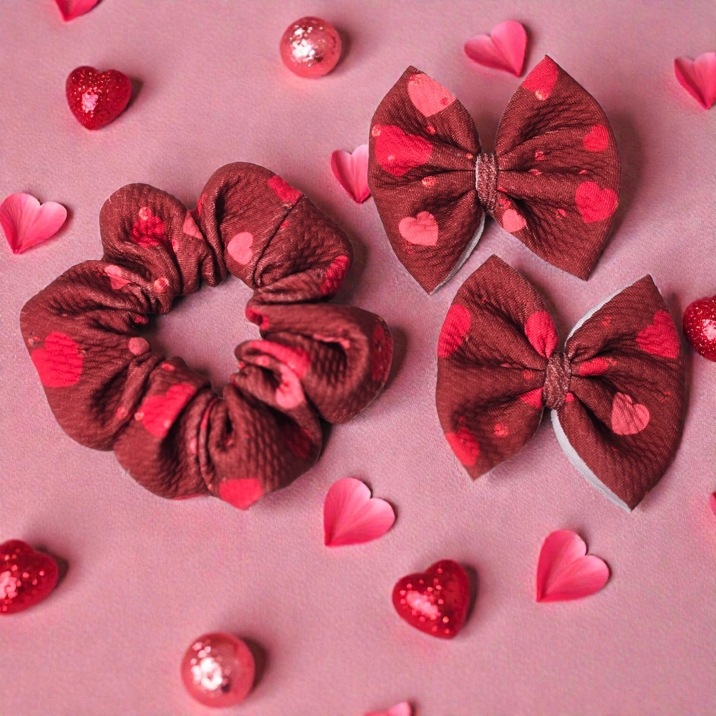 Valentine Heart Scrunchie & Hair Bow – Handmade Valentine Hair Accessories
