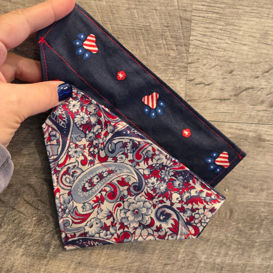 Reversible Patriotic Pet Bandana | XS–XXL Dog Bandana | Over-the-Collar Tie-On | Red White Blue Floral & Star Print | Handmade Dog Accessory