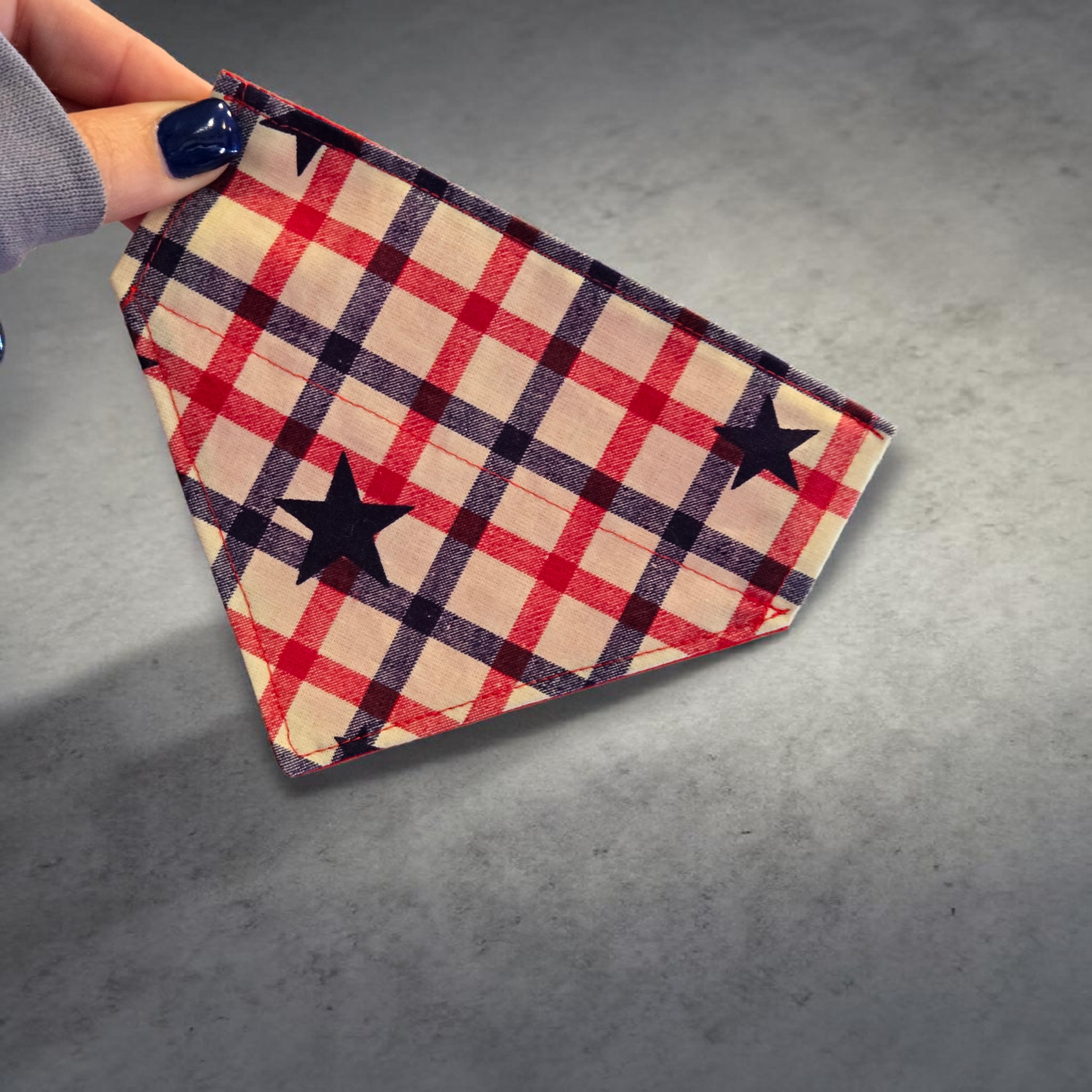 Patriotic Plaid Dog Bandana | Over-the-Collar Pet Bandana XS–XXL | Red White Blue Star Dog Scarf | Handmade Summer Dog Accessory