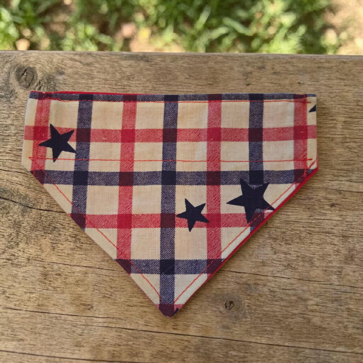 Patriotic Plaid Dog Bandana | Over-the-Collar Pet Bandana XS–XXL | Red White Blue Star Dog Scarf | Handmade Summer Dog Accessory