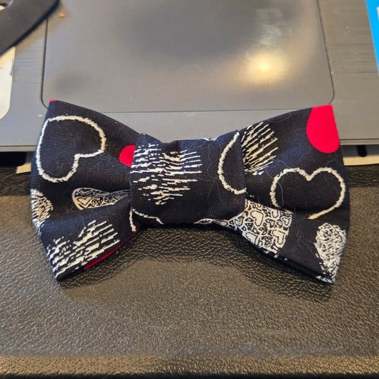 Black w/ Red & White Hearts Bow Tie Collar Accessory | Handmade Pet Outfit for Dogs & Cats