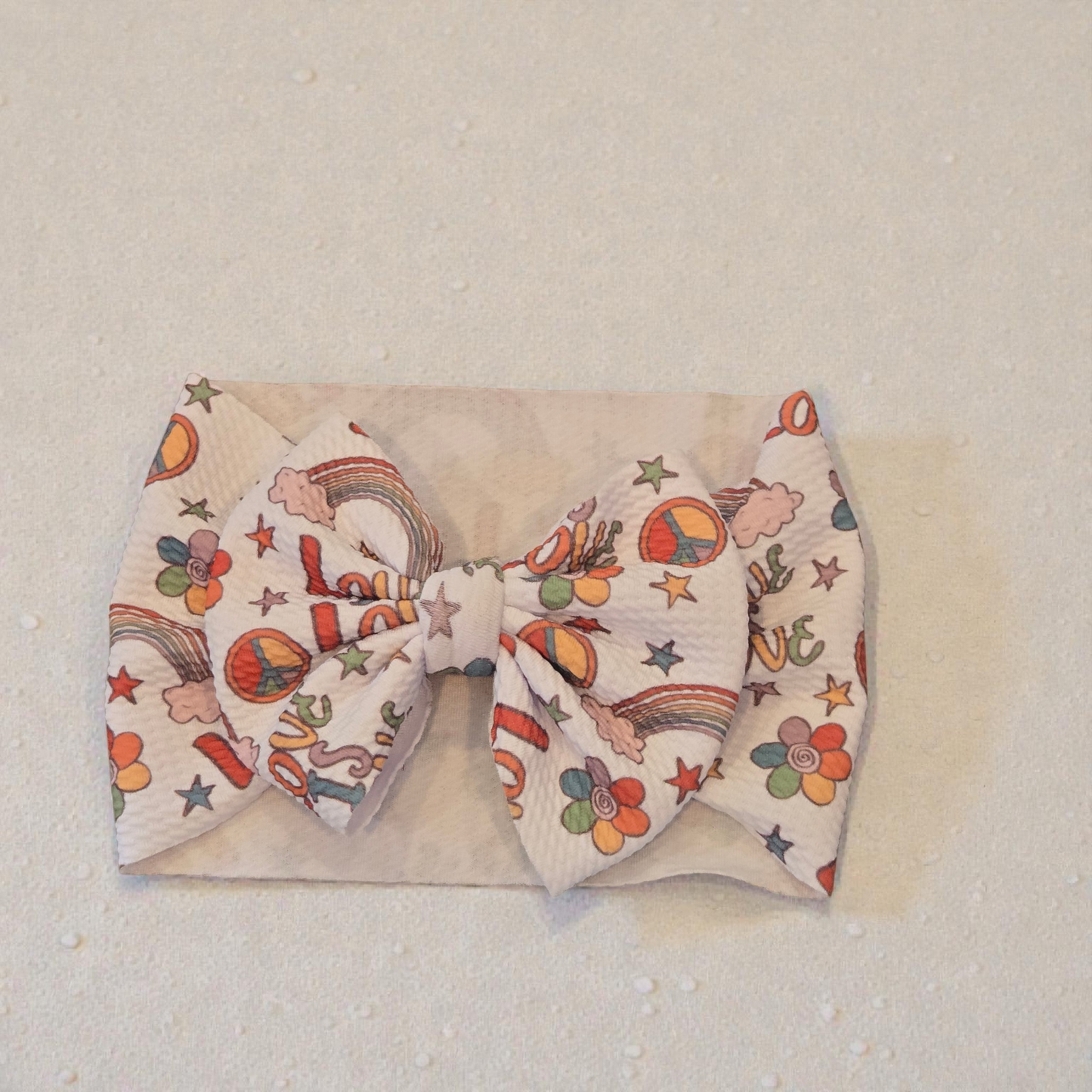 Groovy Love Bullet Fabric Hair Bow Set | Retro Rainbow Peace Sign Bows | Baby Headwrap, Nylon Headband & Piggies