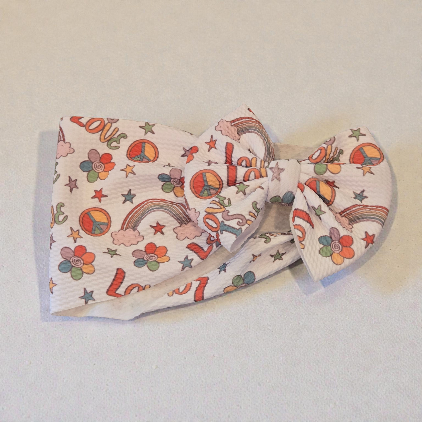 Groovy Love Bullet Fabric Hair Bow Set | Retro Rainbow Peace Sign Bows | Baby Headwrap, Nylon Headband & Piggies