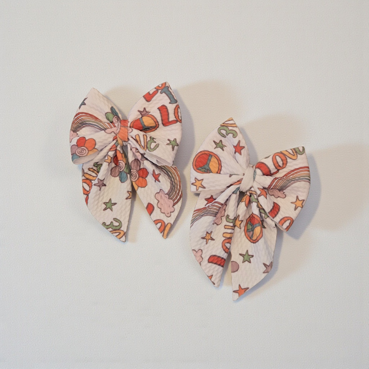 Groovy Love Bullet Fabric Hair Bow Set | Retro Rainbow Peace Sign Bows | Baby Headwrap, Nylon Headband & Piggies