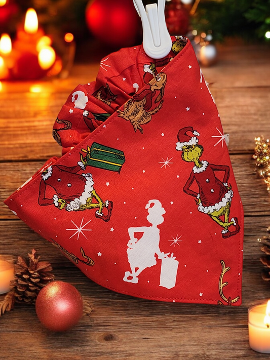 Christmas Grump Scrunchie-Back Pet Bandana – Holiday Dog Bandana, Cat Bandana, Reversible Christmas Pet Accessory, Handmade Gift