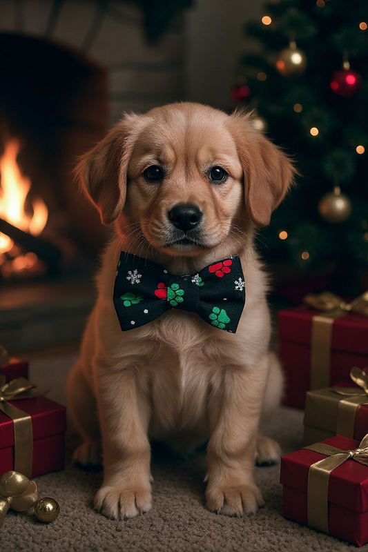 Christmas Paw Print Bow Tie Collar Accessory | Handmade Pet Outfit for Dogs & Cats