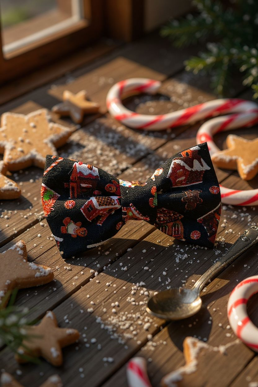 Gingerbread House Print Bow Tie Collar Accessory | Handmade Pet Outfit for Dogs & Cats