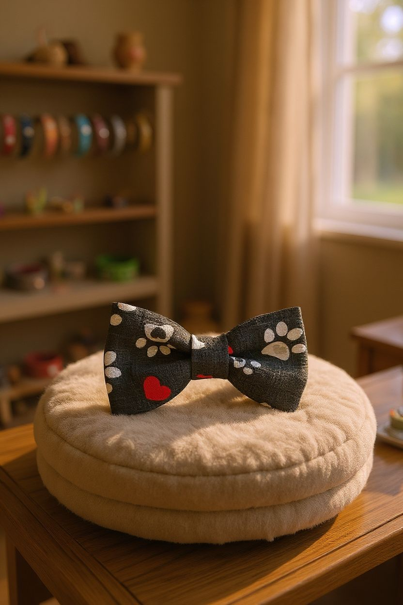 Grey & White Paw Print Bow Tie Collar Accessory | Handmade Pet Outfit for Dogs & Cats