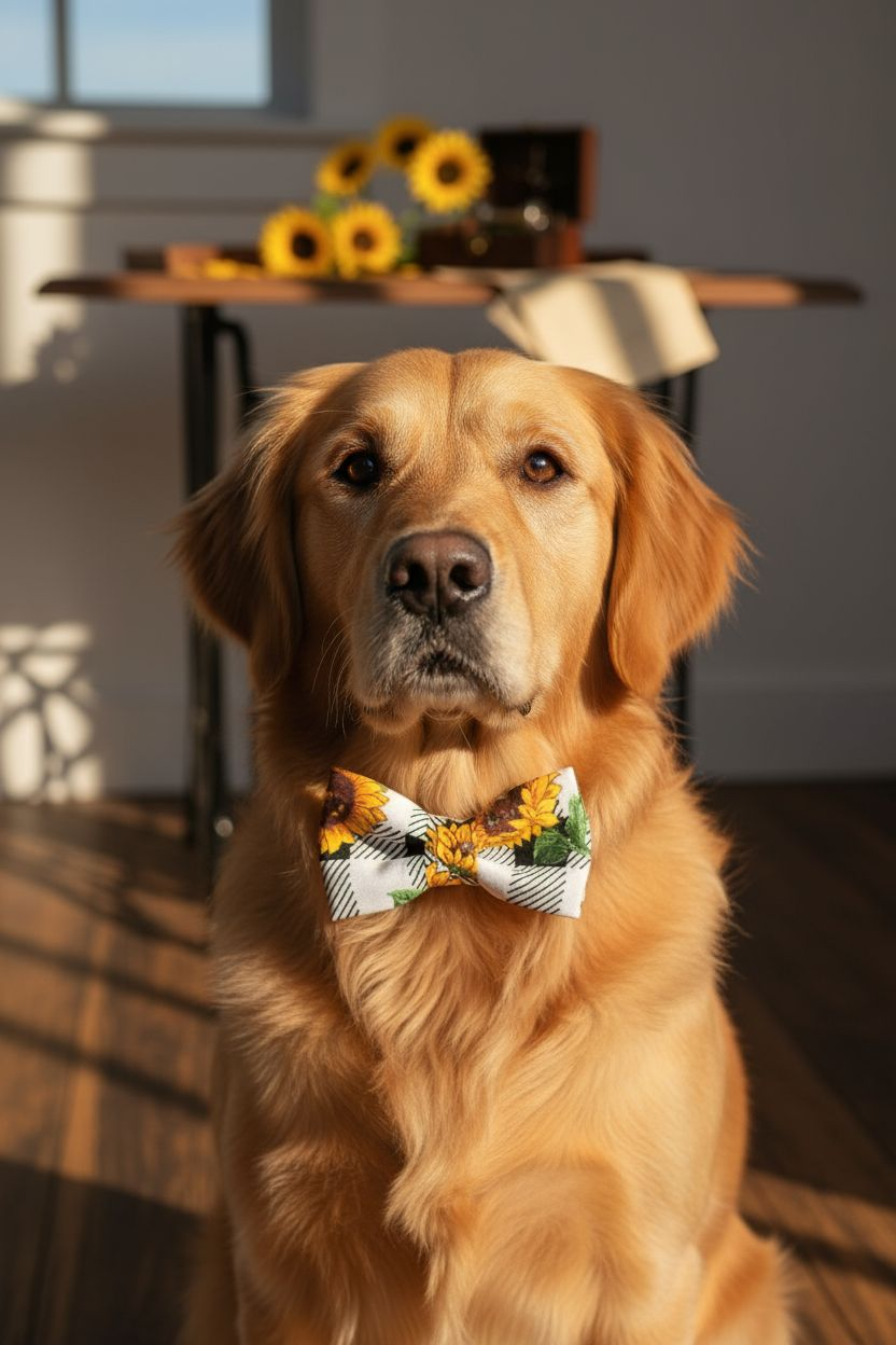 Black & White Sunflower Print Bow Tie Collar Accessory | Handmade Pet Outfit for Dogs & Cats