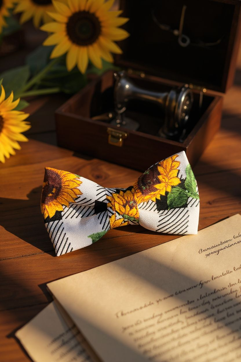 Black & White Sunflower Print Bow Tie Collar Accessory | Handmade Pet Outfit for Dogs & Cats