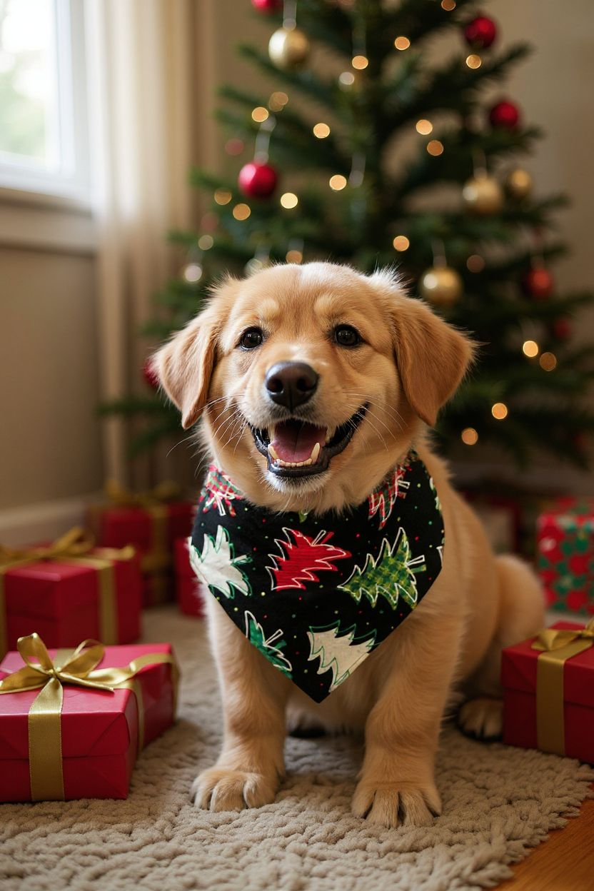 Christmas Dog Bandana | Scrunchie-Back Holiday Pet Bandana | Festive Tree Pattern Dog Scarf | Cozy Winter Pet Gift