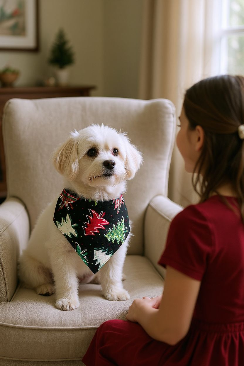 Christmas Dog Bandana | Scrunchie-Back Holiday Pet Bandana | Festive Tree Pattern Dog Scarf | Cozy Winter Pet Gift