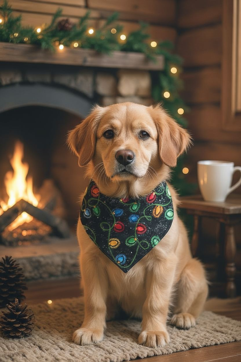 Christmas Lights Pet Bandana | Holiday Dog Bandana | Festive Cat Bandana | Scrunchie Back or Over-the-Collar | Handmade Christmas Pet Accessory
