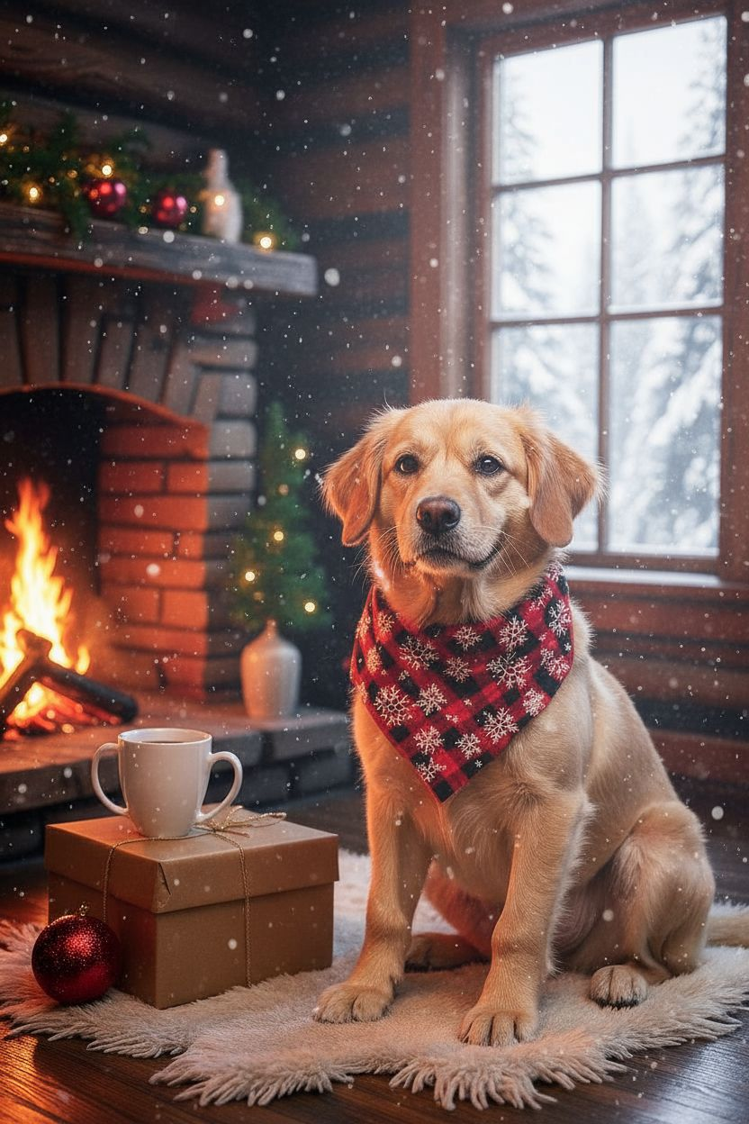Christmas Plaid Snowflake Pet Bandana | Red Buffalo Check Scrunchie-Back Dog Bandana | Holiday Dog Scarf | Cat Bandana | Winter Pet Accessory