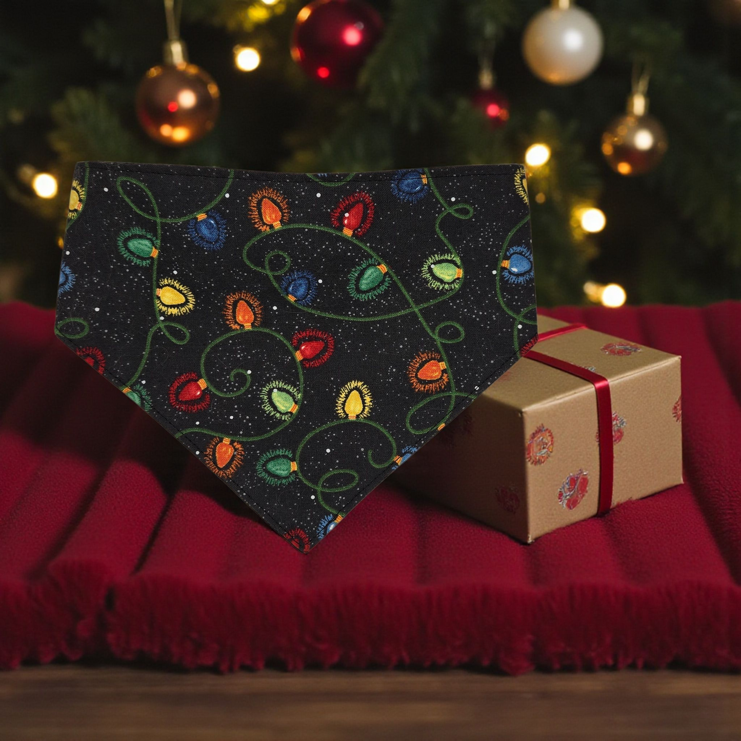 Christmas Lights Pet Bandana | Holiday Dog Bandana | Festive Cat Bandana | Scrunchie Back or Over-the-Collar | Handmade Christmas Pet Accessory