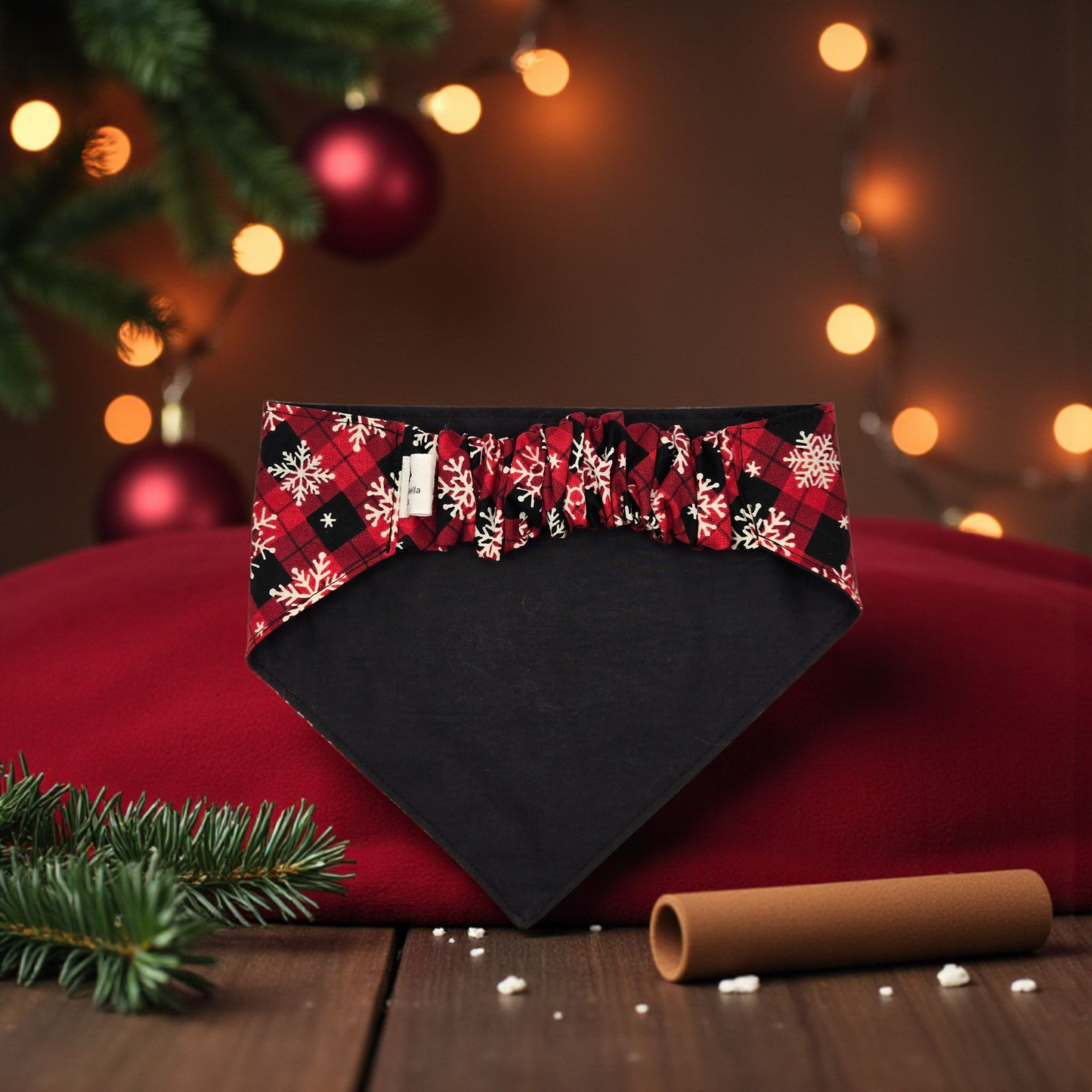 Christmas Plaid Snowflake Pet Bandana | Red Buffalo Check Scrunchie-Back Dog Bandana | Holiday Dog Scarf | Cat Bandana | Winter Pet Accessory