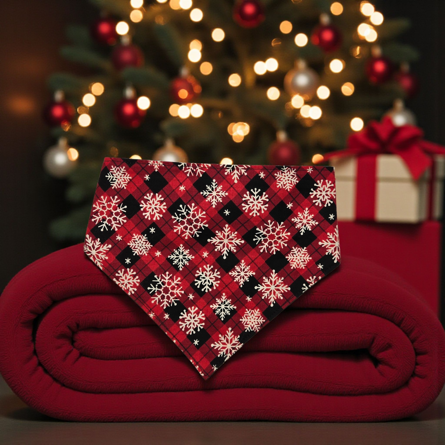 Christmas Plaid Snowflake Pet Bandana | Red Buffalo Check Scrunchie-Back Dog Bandana | Holiday Dog Scarf | Cat Bandana | Winter Pet Accessory