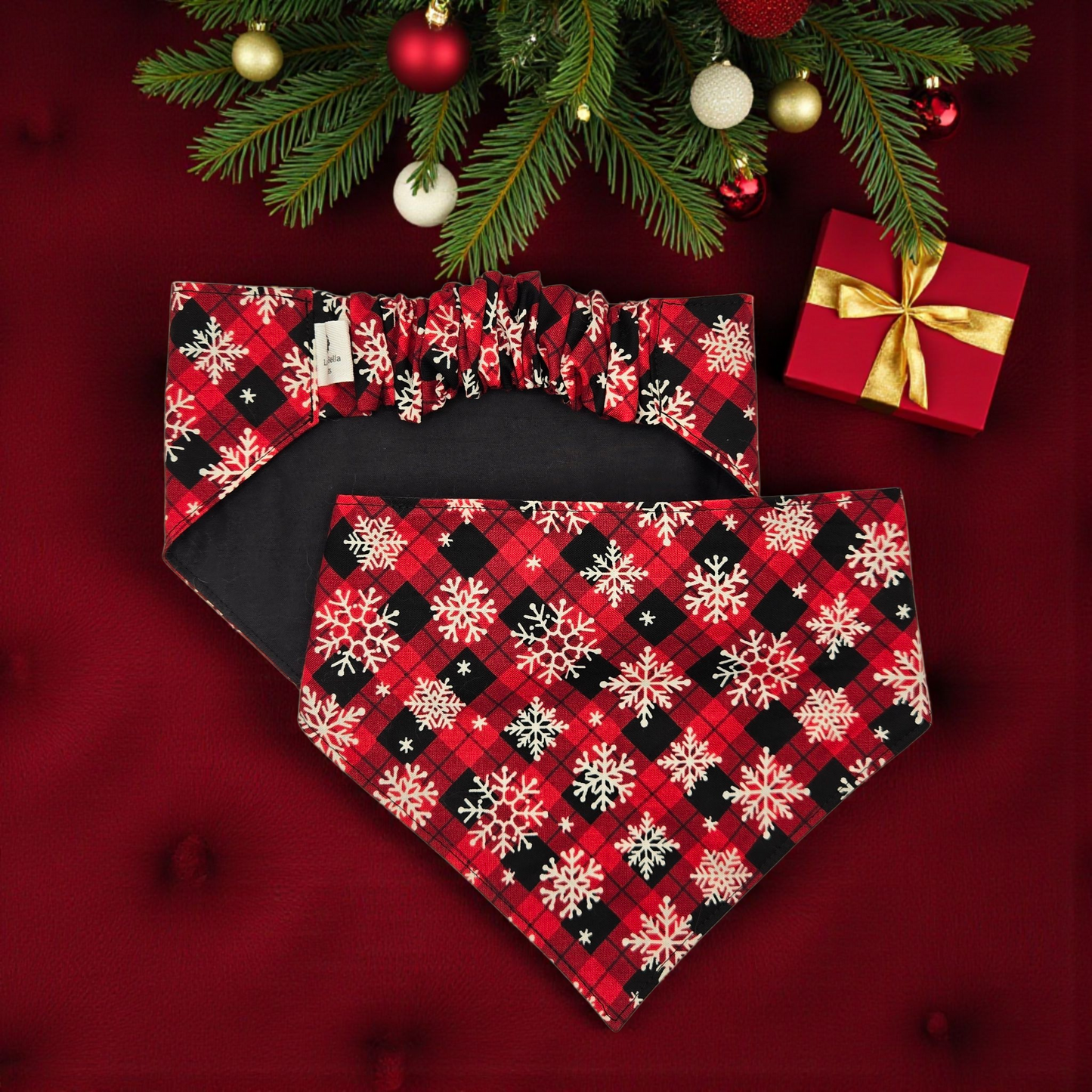 Christmas Plaid Snowflake Pet Bandana | Red Buffalo Check Scrunchie-Back Dog Bandana | Holiday Dog Scarf | Cat Bandana | Winter Pet Accessory