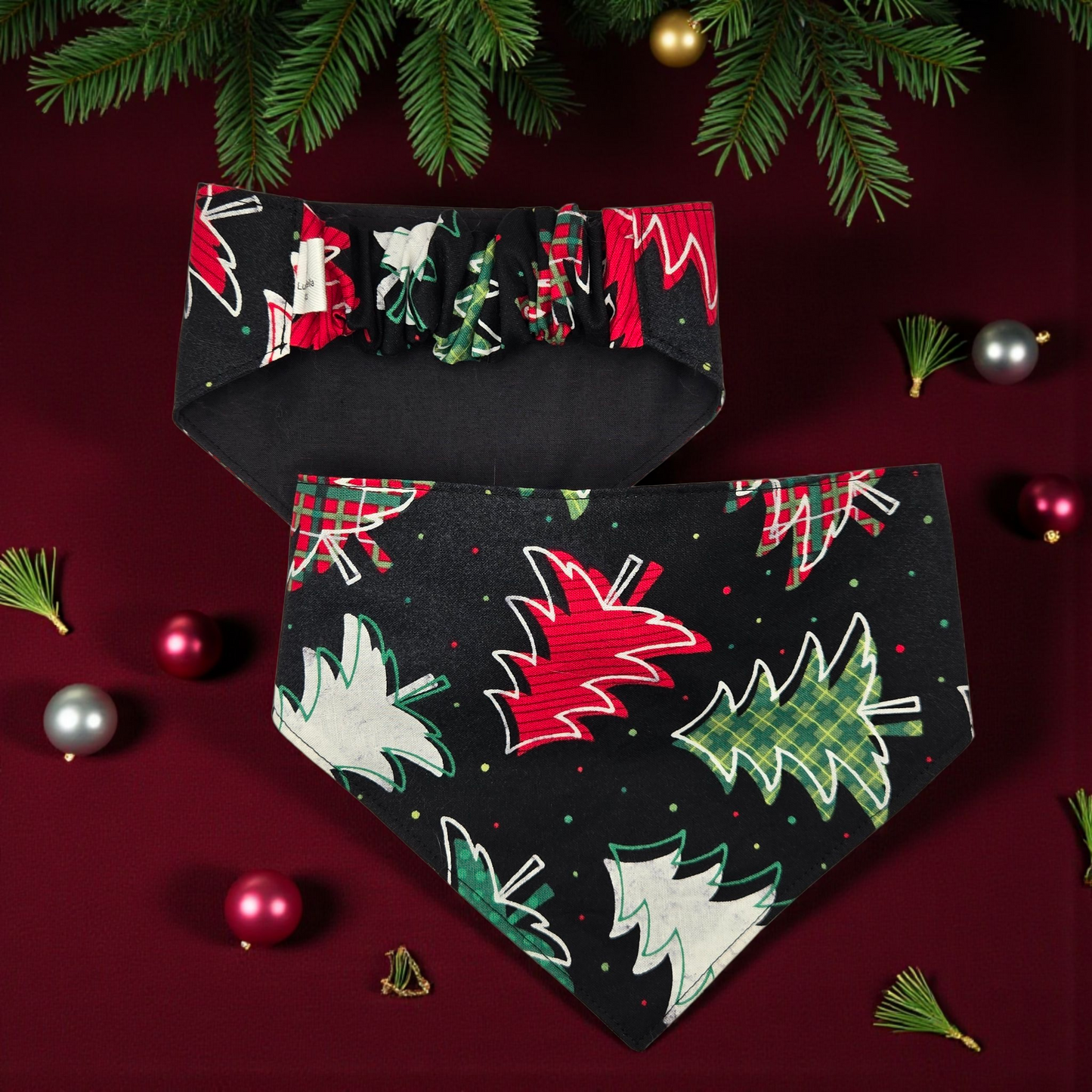 Christmas Dog Bandana | Scrunchie-Back Holiday Pet Bandana | Festive Tree Pattern Dog Scarf | Cozy Winter Pet Gift