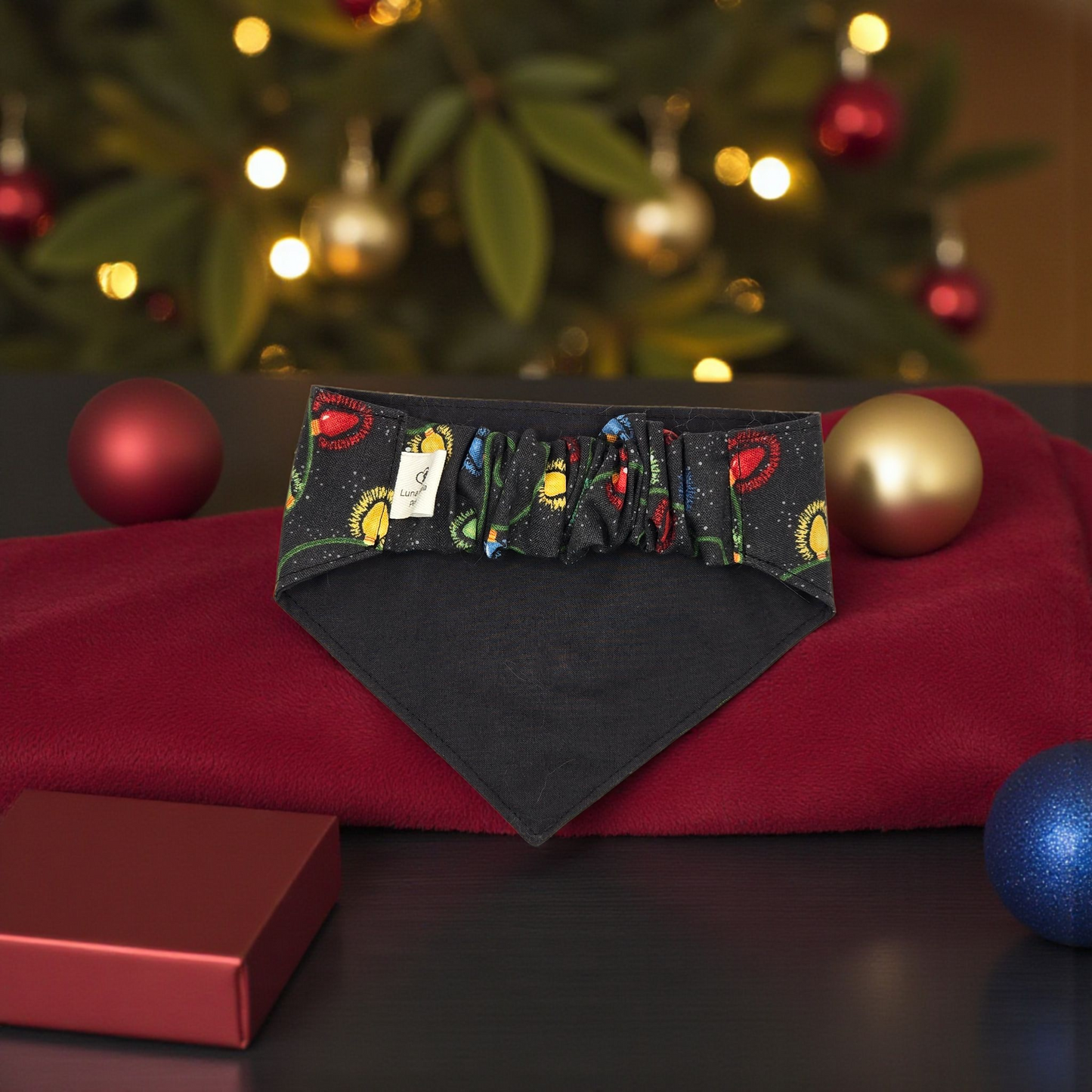 Christmas Lights Pet Bandana | Holiday Dog Bandana | Festive Cat Bandana | Scrunchie Back or Over-the-Collar | Handmade Christmas Pet Accessory