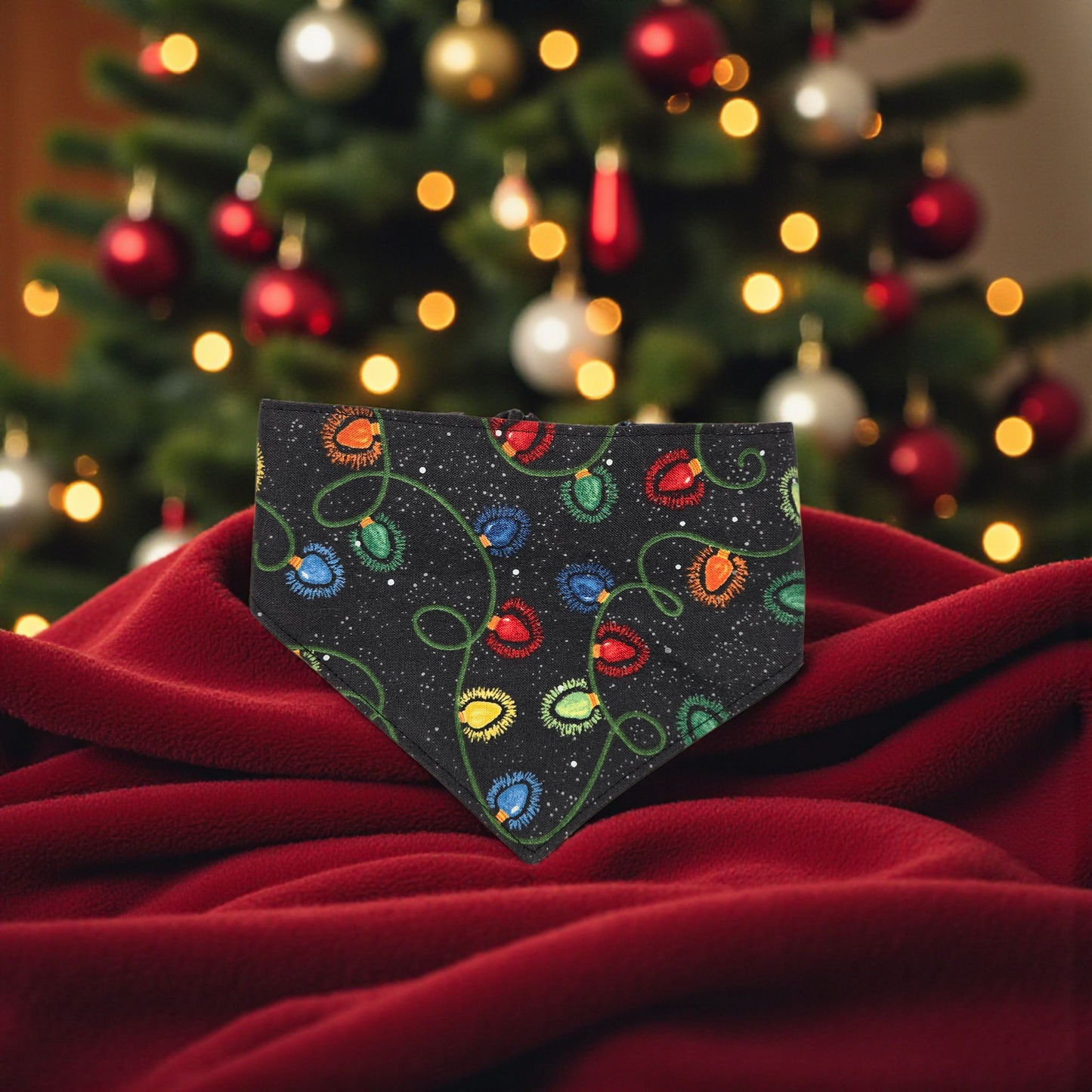Christmas Lights Pet Bandana | Holiday Dog Bandana | Festive Cat Bandana | Scrunchie Back or Over-the-Collar | Handmade Christmas Pet Accessory