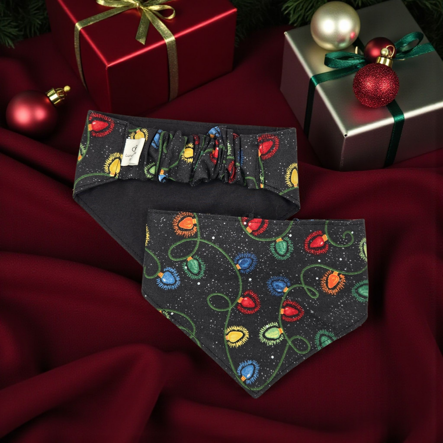 Christmas Lights Pet Bandana | Holiday Dog Bandana | Festive Cat Bandana | Scrunchie Back or Over-the-Collar | Handmade Christmas Pet Accessory