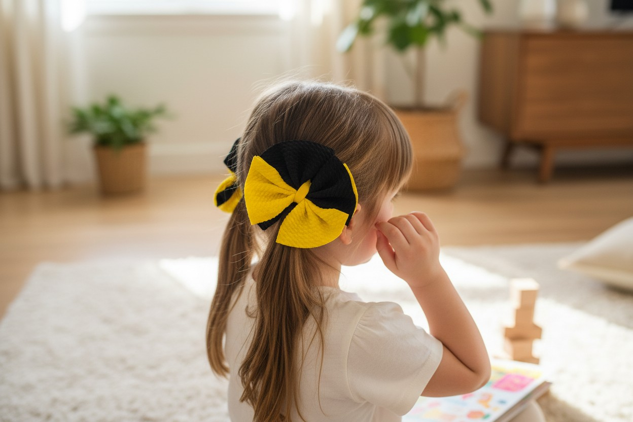 Black & Yellow Shredded Hair Bow Set | Textured Boutique Style Bow Clips for Girls | School Spirit Hair Accessories