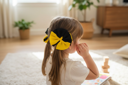 Black & Yellow Shredded Hair Bow Set | Textured Boutique Style Bow Clips for Girls | School Spirit Hair Accessories