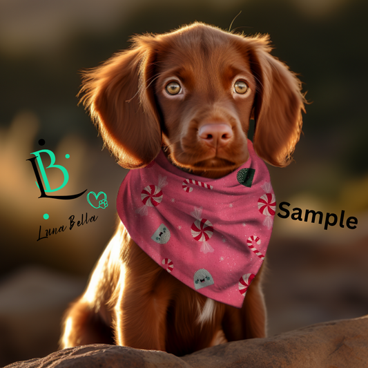 *Pre-Order* Pink Christmas Candy Scrunchie Back Pet Bandana | Dog & Cat Bandanas | Christmas & Everyday Pet Accessories (XS–XL)